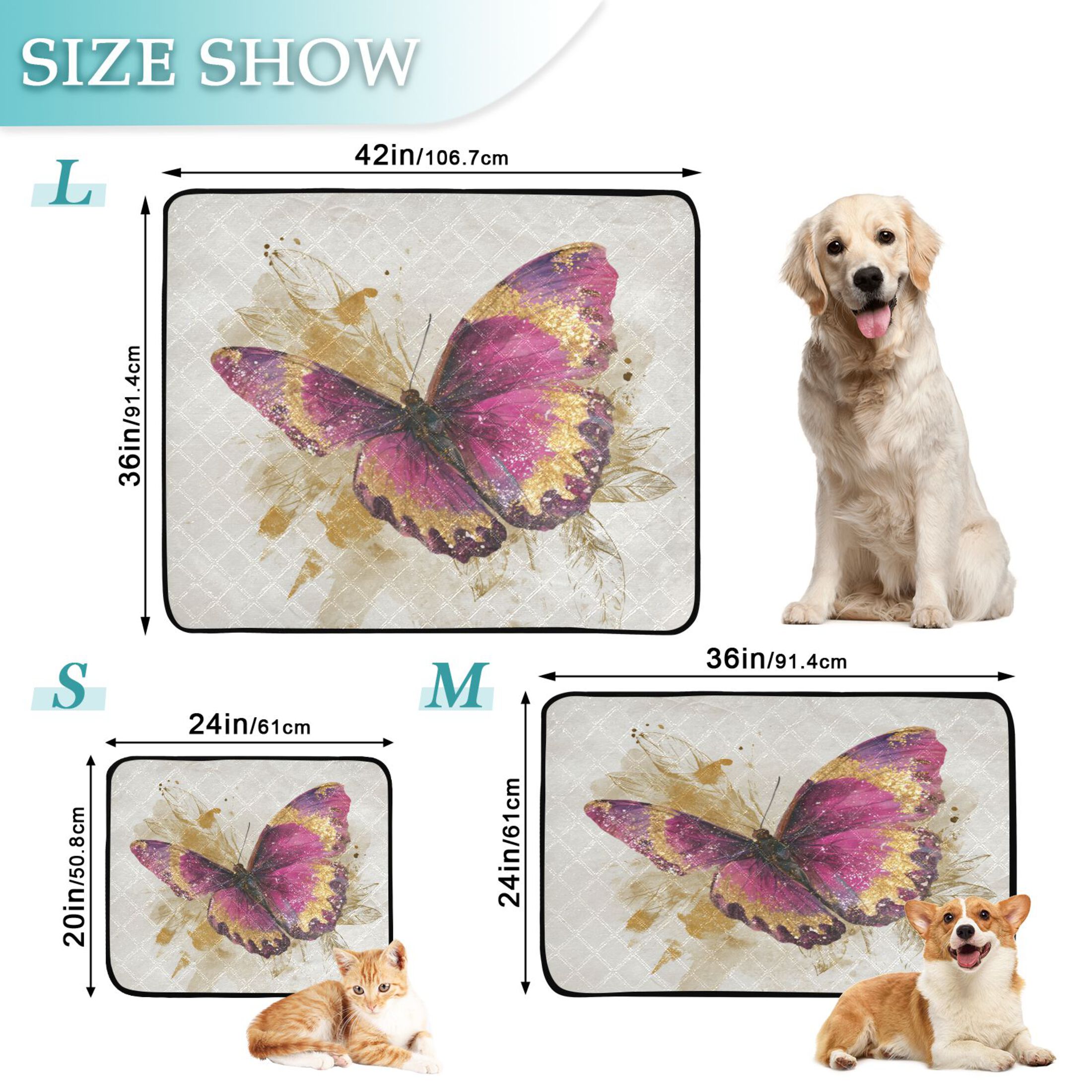 Qxltty Burgundy Butterfly Cat litter Pads Pet Set of 3 Diaper Mats Center Anti-leakage Layer Absorbent Soft and Comfortable