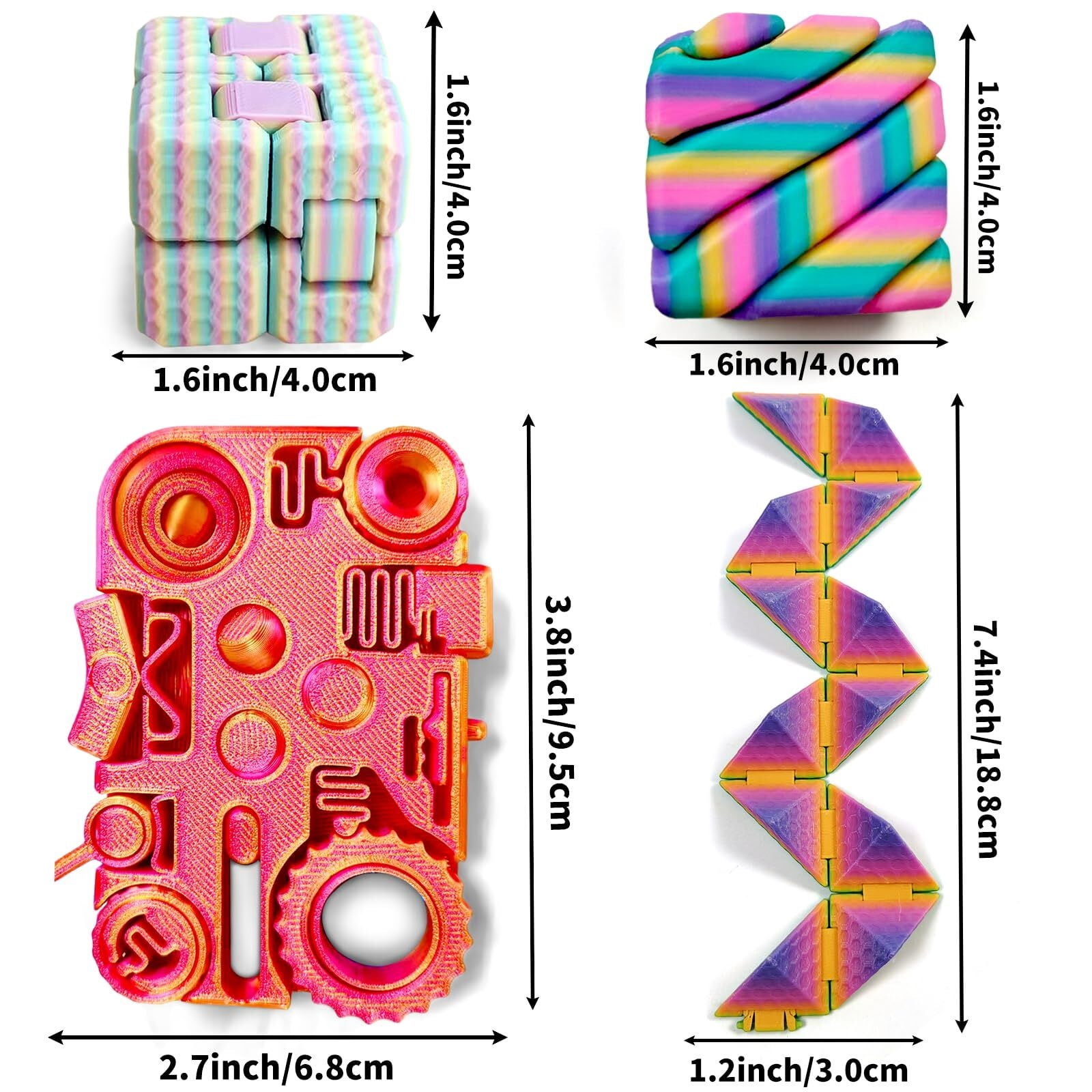 5 Pack 3D Printed Fidget Set, Rainbow Spinner & 12-in-1 Cube, Desk Stress For Adults, Sensory Focus Anxiety Gifts