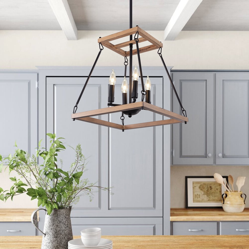 Wellmet 4-Light Farmhouse Chandelier, Wood Lantern Pendant Lighting for Hallway, Entryway and Dinning Room, Farmhouse Lighting Fixtures 17