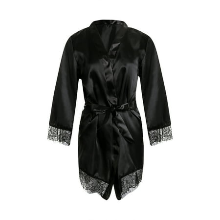 

Women Elegance Silk Satin Robes Sexy Lace Gown kimono Solid Robe