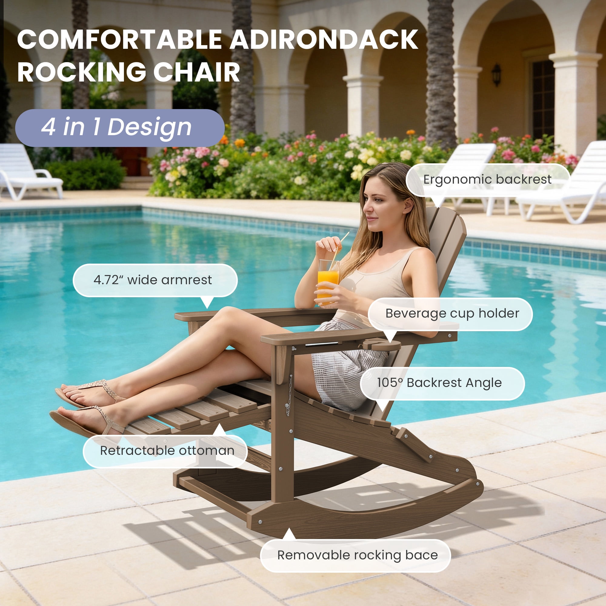 KINGYES Adirondack Rocking Chair Set of 2 with Retractable Ottoman and Cup Holders, HDPE Adirondack Rocker, Patio Rocking Chair for Porch, Patio, Brown
