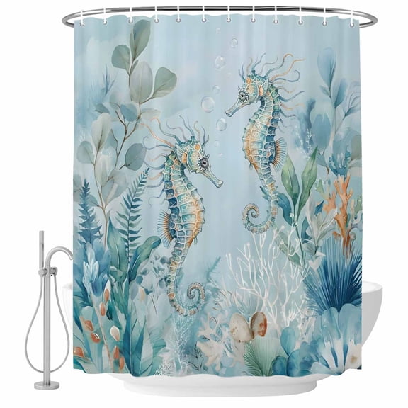 Coastal Teal Blue Seahorse Fabric Shower Curtain Summer Oceans Beach Corals Seaweed Washable Shower Curtains for Bathroom, Waterproof Bath Curtain with Hooks Home Decor 72x72in