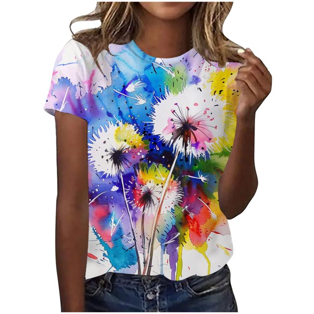 TSADFHJI Chemises pour Femmes Tendance Été 2024 T-Shirt Imprimé Col Rond Manches Courtes TG Violet