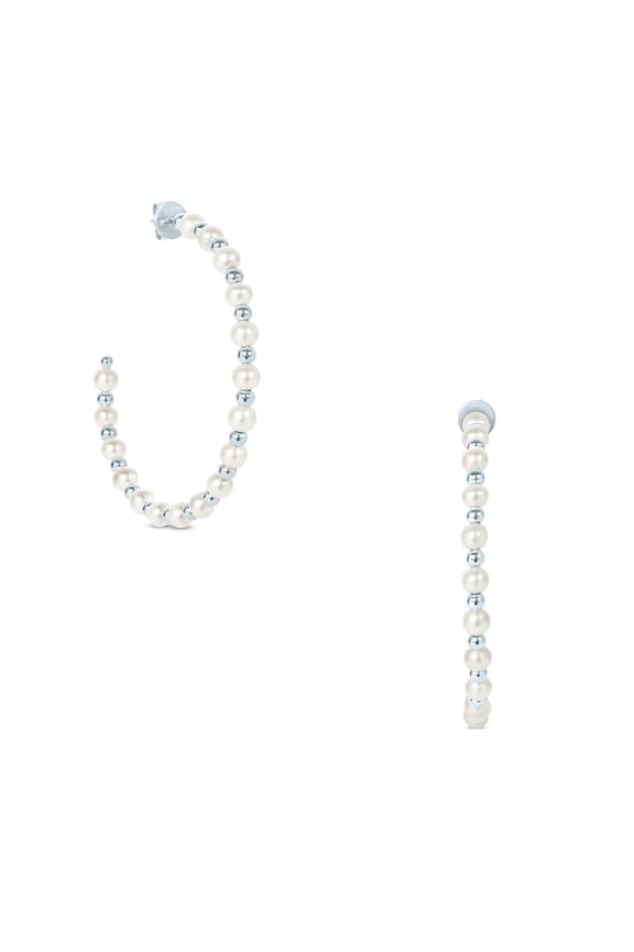White Cultured Freshwater Pearl Hoop Earrings in 925 Sterling Silver for Women