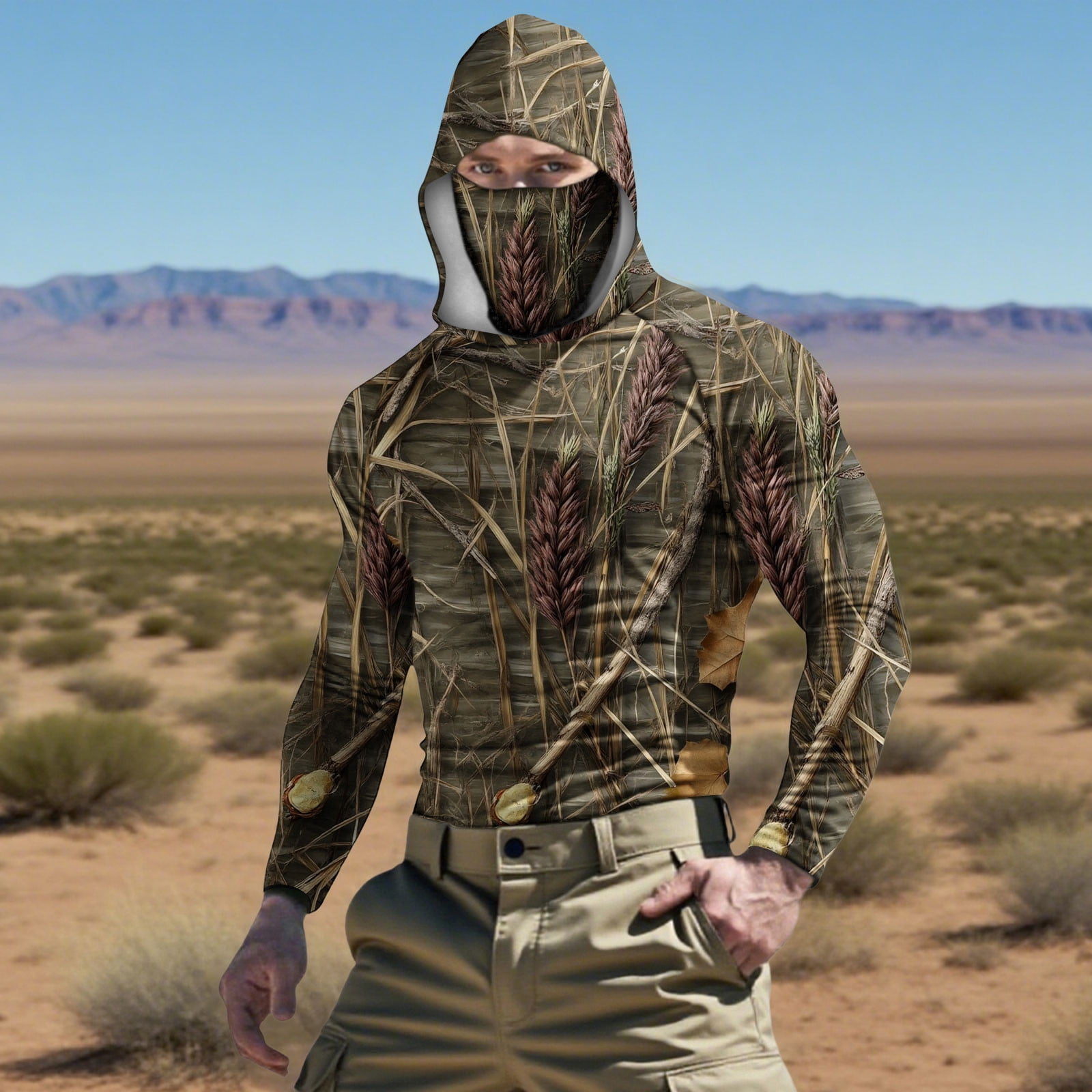 Xdegoge Deep Forest Bark Print Hooded Performance Shirt with Face Mask Men s Camouflage Baselayer Lightweight Woods Hunting Gear