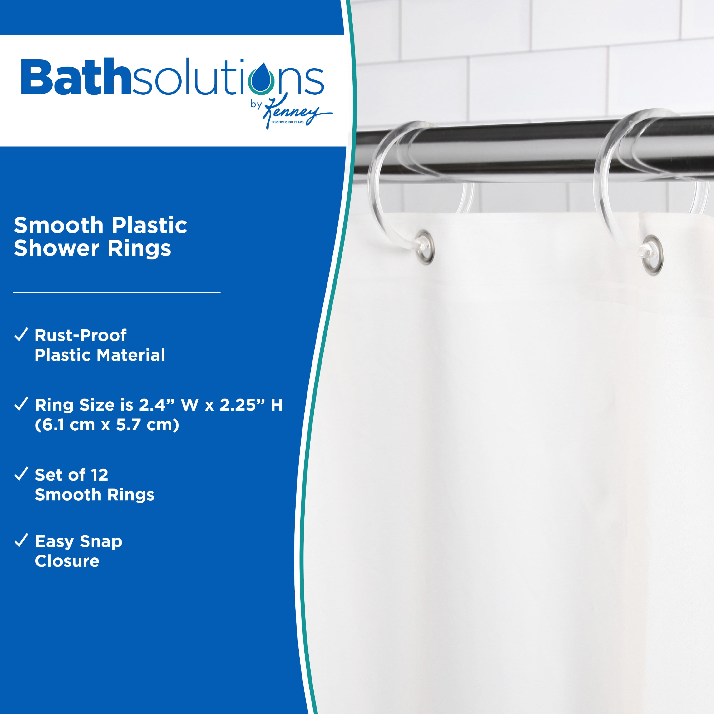 (2 pack) Kenney Rust-Proof Smooth Plastic Shower Curtain Rings, Set of 12, Clear