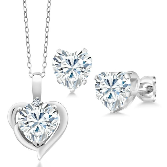 Gem Stone King 925 Sterling Silver Pendant Lab Grown Diamond Set with Pendant and Earrings Jewelry Set Near Colorless Heart Shape 5.42cttw Moissanite