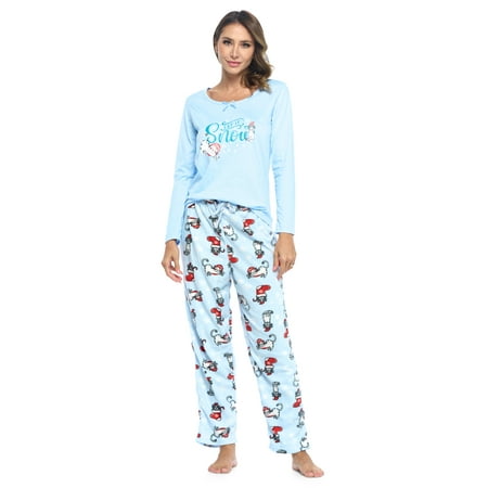 

Casual Nights Women s Jersey Knit Long-Sleeve Top and Mircro Fleece Bottom Pajama Set - #1 Light Blue Holiday Cat