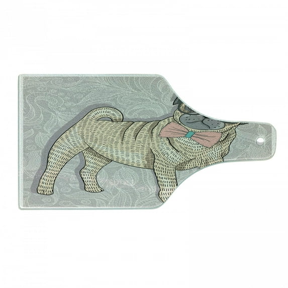 Pug Cutting Board, Hipster Pug with Nerdy Glasses and Bow Tie Cartoon Design Funny, Decorative Tempered Glass Cutting and Serving Board, Wine Bottle Shape, Pale Yellow Pale Pink, by Ambesonne