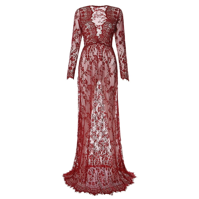 FAKKDUK Maternity Dresses Pregnant Women Elegant Fitted Maternity Gown Long  Sleeve V Neck Slim Lace Train Maxi Photography Dress for Photoshoot,Wine&M  - Walmart.com