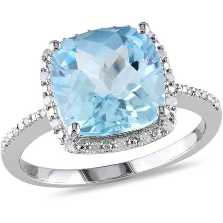 5-1/4 Carat T.G.W. Cushion-Cut Blue Topaz and 1/10 Carat T.W. Diamond Sterling Silver Halo Cocktail Ring
