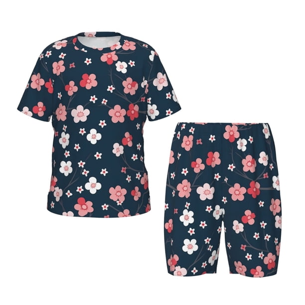 Fotbe Cherry Blossoms Pijama Estampada de 2 Piezas para Niños – Ropa de Dormir de Manga Corta Cómoda para Niños y Niñas, Camiseta y Shorts de Algodón-3X-Large