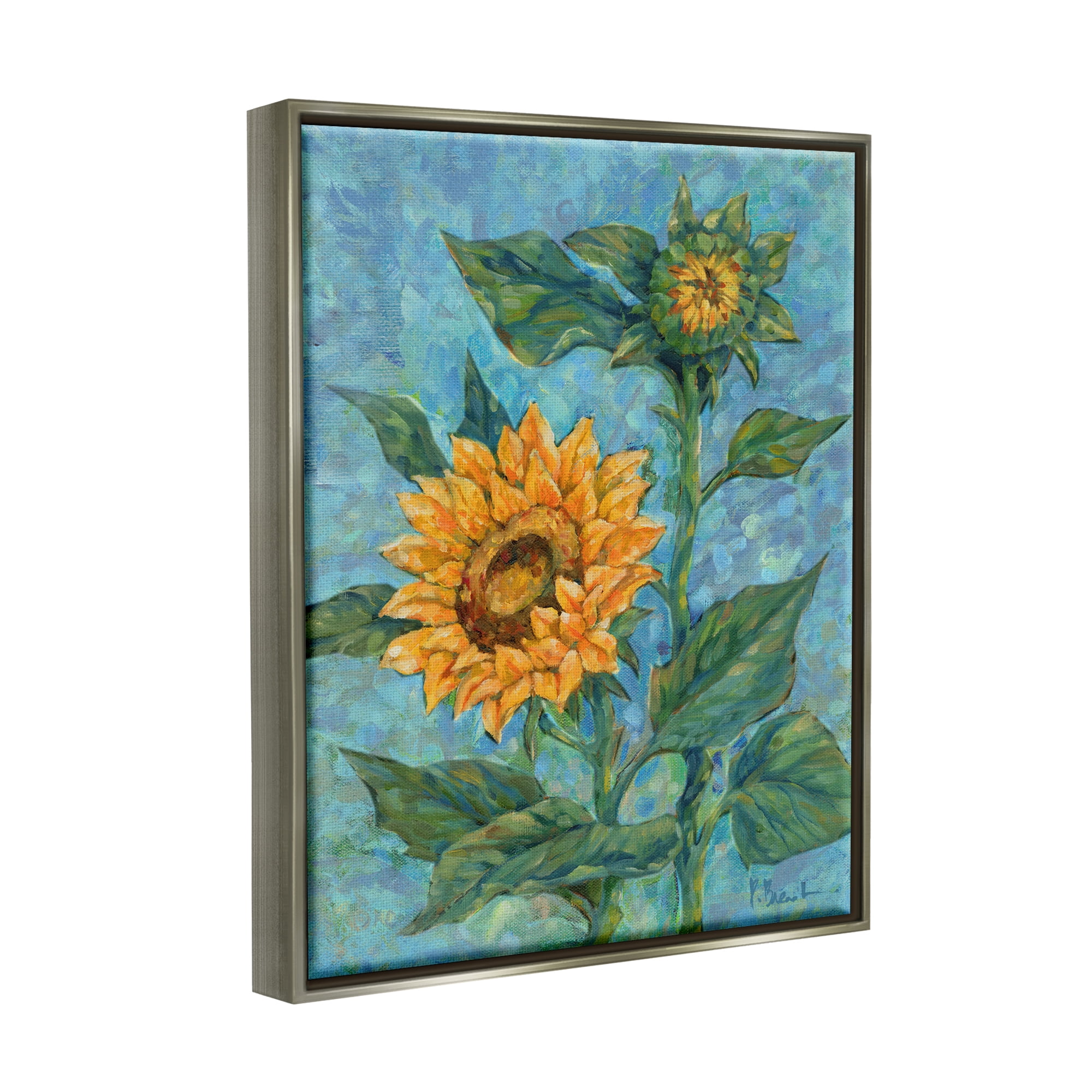 Stupell Industries Classic Style Sunflower Buds Botanical & Floral Painting Gray Floater Framed Canvas Art Print Wall Art, 17 x 21