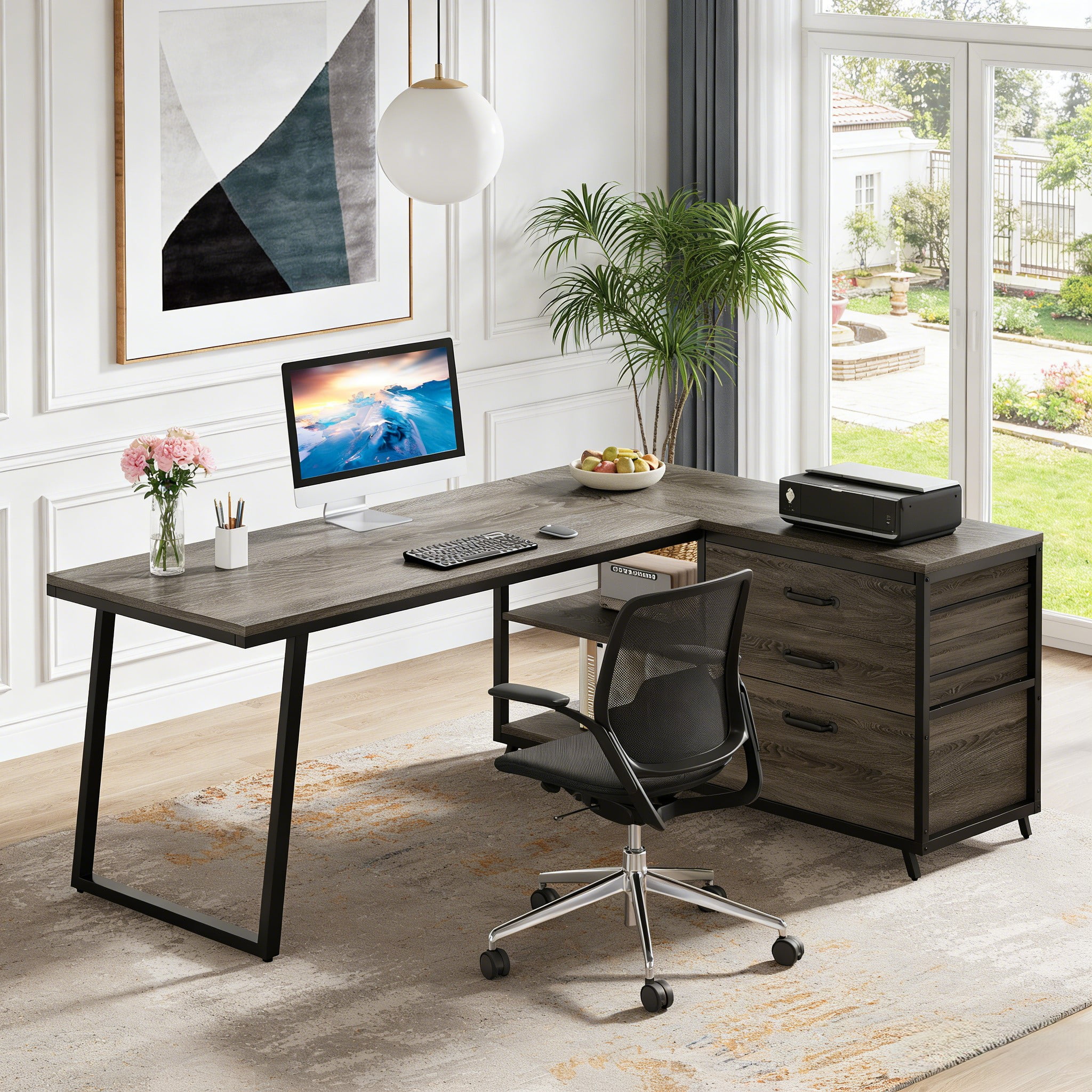 Fnova 53.15" L-shaped Computer Desk with 3 Drawers, Wood Tabletop, Metal Frame Office Desk, Gray