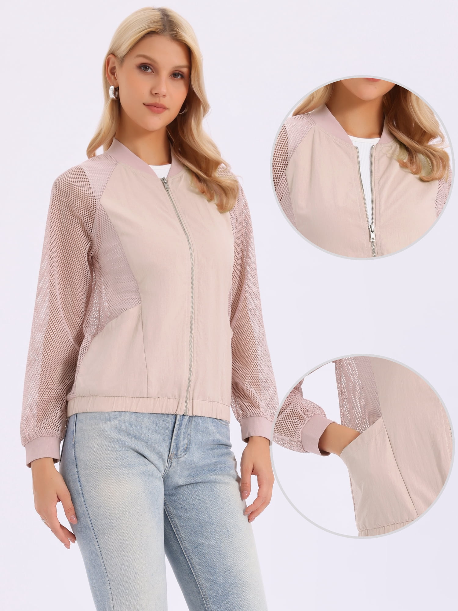 DARING DIVA Women's Zip Up Long Sleeve Sheer Lightweight Track Jacket L Pink