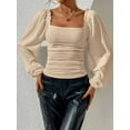 thumbnail image 3 of Women'S Square Neck Long Sleeve Crop Tops Puff Sleeve Ruched Blouse  S, 3 of 8