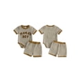 thumbnail image 2 of BemeyourBBs Infant Baby Boy Mama's Boy Outfit Newborn Boys Summer Clothes Waffle Knit Stripe Letter Embroidery Short Sleeve Romper Elastic Waist Shorts 2 Piece Set, 2 of 9