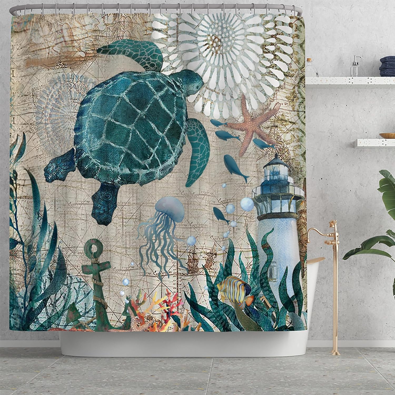 4Pcs Sea Turtle Shower Curtain Sets, Ocean Turtle Bathroom Sets with Shower Curtain and Rugs Durable Waterproof Curtains with 12 Hooks