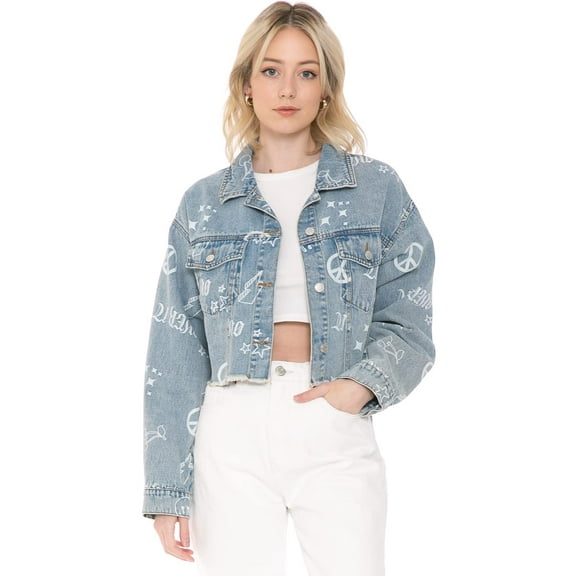 Cali1850 Women's Casual Denim Crop Jacket Doodle Print Button Down Raw Cut Hem Long Sleeve Jean Trucker