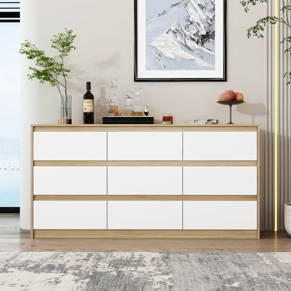 OxyLife 9-Drawer Dresser, Wood Storage Cabinet, Combo Dresser, 9-Piece, White&Beige
