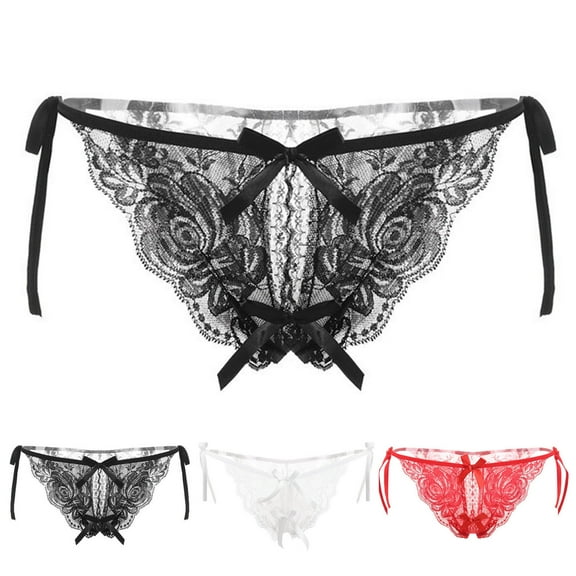 Elainilye Fashion Cotton Bikini Underwear Women Sexy Crotchless Lingerie Lace Bow Bikini Panties Pearl Silky Lace Brife,Red