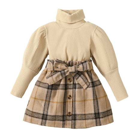 

girl Outfits Spring Winter Long Sleeve Plaid Tops Skirt Belt Three Pieces Set Baby Girl Clothes