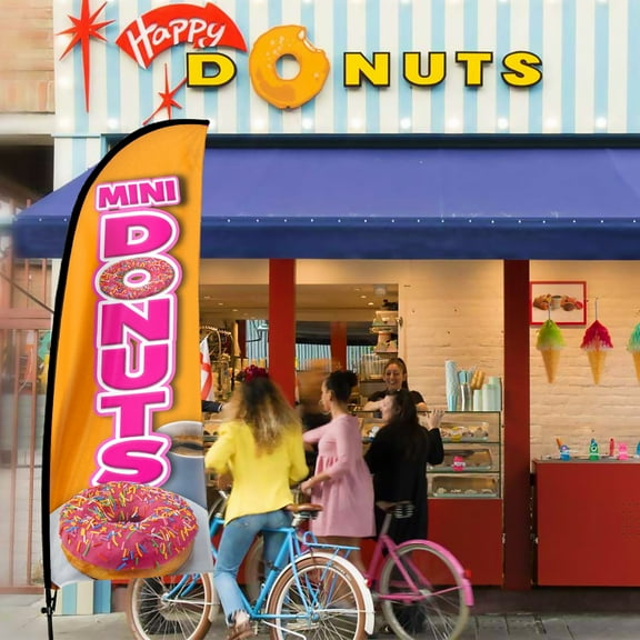 QSUM Mini Donuts Sign Feather Flag with Pole Kit,7FT Mini Donuts Decoration Display, Mini Donuts Business Sign,Mini Donuts Swooper Flag，Advertising Flag