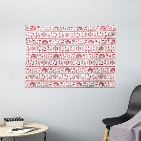 Red and White Tapestry, Native Primitive Art with Tribal People and Animals Cave Drawing Style Prints, Wall Hanging for Bedroom Living Room Dorm Decor, 60W X 40L Inches, White Red, by Ambesonne