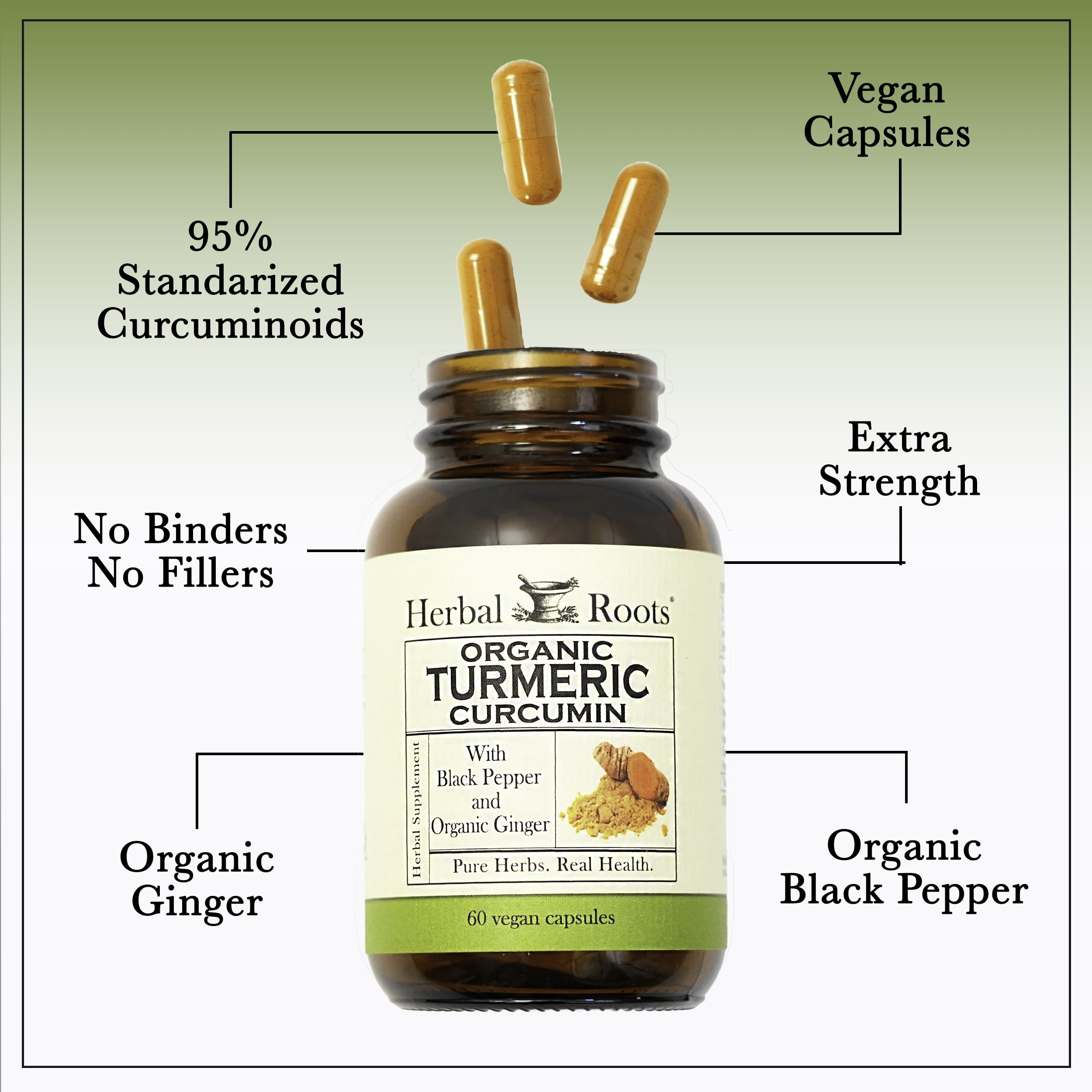 Herbal Roots Organic Turmeric Curcuminoids Supplement with Bioperine, 60 Vegan Capsules
