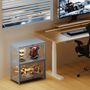 MoNiBloom Modern 28.7" 2-Tier Transparent Display Cabinet with Flip Up Door, Curio Cabinet Collection Display Case, Floor Standing Showcase Bookshelf for Living Room Bedroom Home Office, Gray