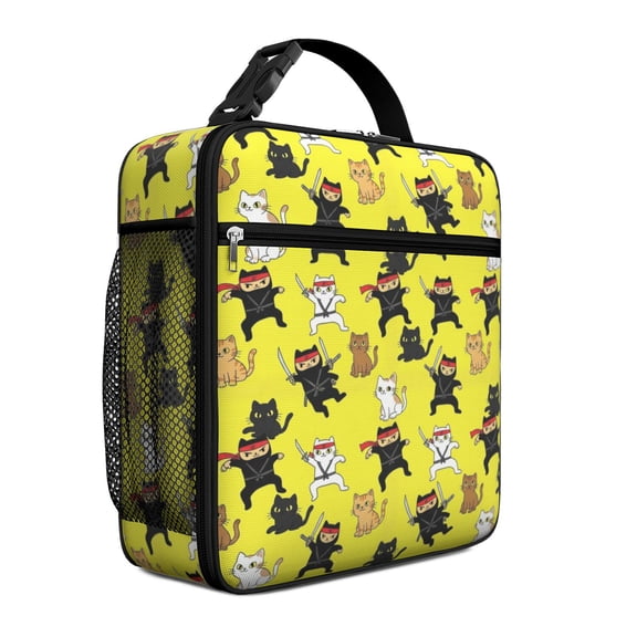Ninja Cat Yellow Pattern Insulated Lunch Bag Teens,Lunch Box for Men Women for Work,Picnic or Travel,10.2x9.5x4.3 Inches,8 Can Capacity