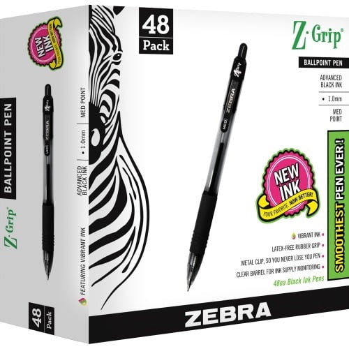 1.0mm Zebra Pen Z-Grip Retractable Ballpoint Pen Black Ink - 48 Pieces Medium Point Model Number: 22148 
