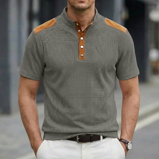 Ceisia Men's Loose Fit Ribbed Polo Shirt Short Sleeve Stand Collar Color Block Casual Daily Summer Tops Gray XL Gifts