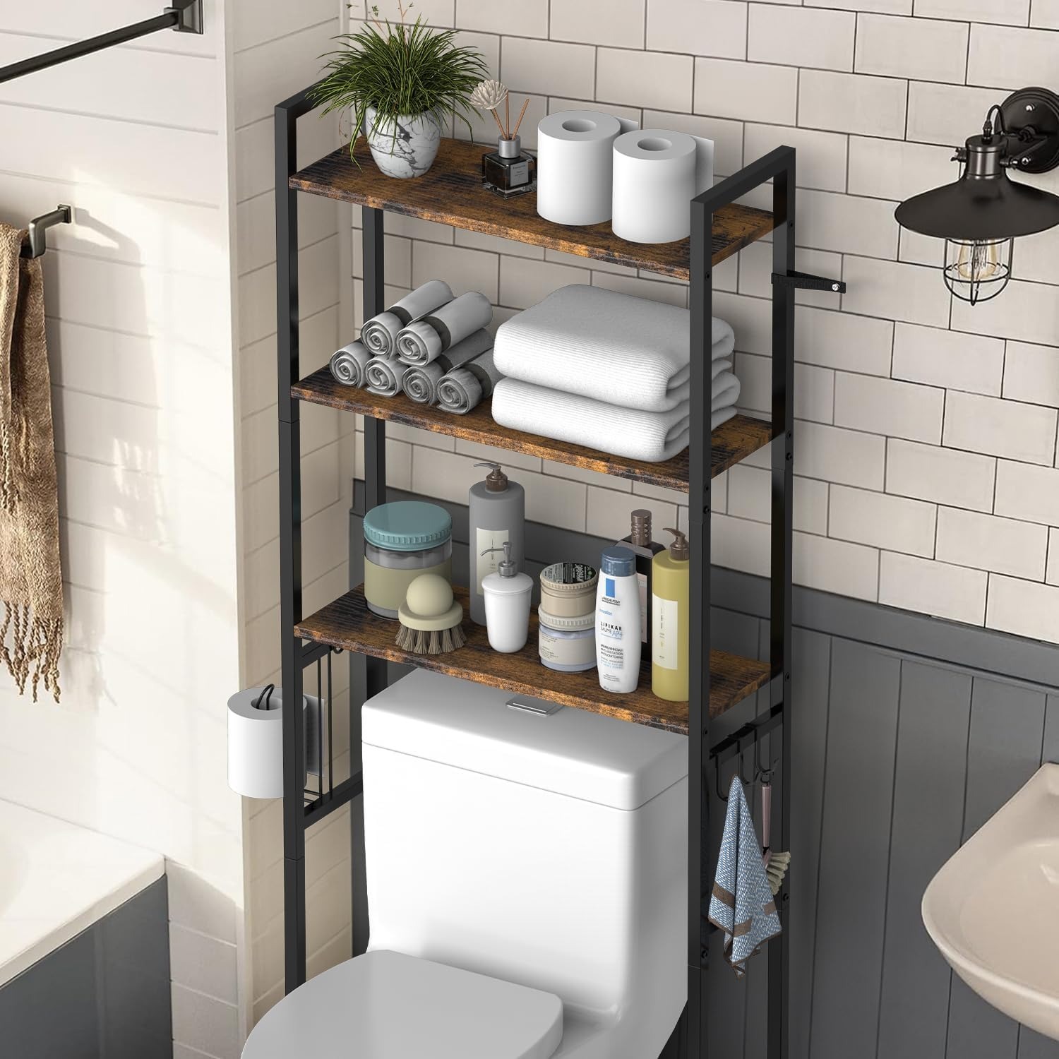 Over The Toilet Storage Shelf, 3-Tier Bathroom Organizer with Toilet Paper Holder and 3 Hooks, Freestanding Shelving for Restroom, Laundry, and Balcony,Brown