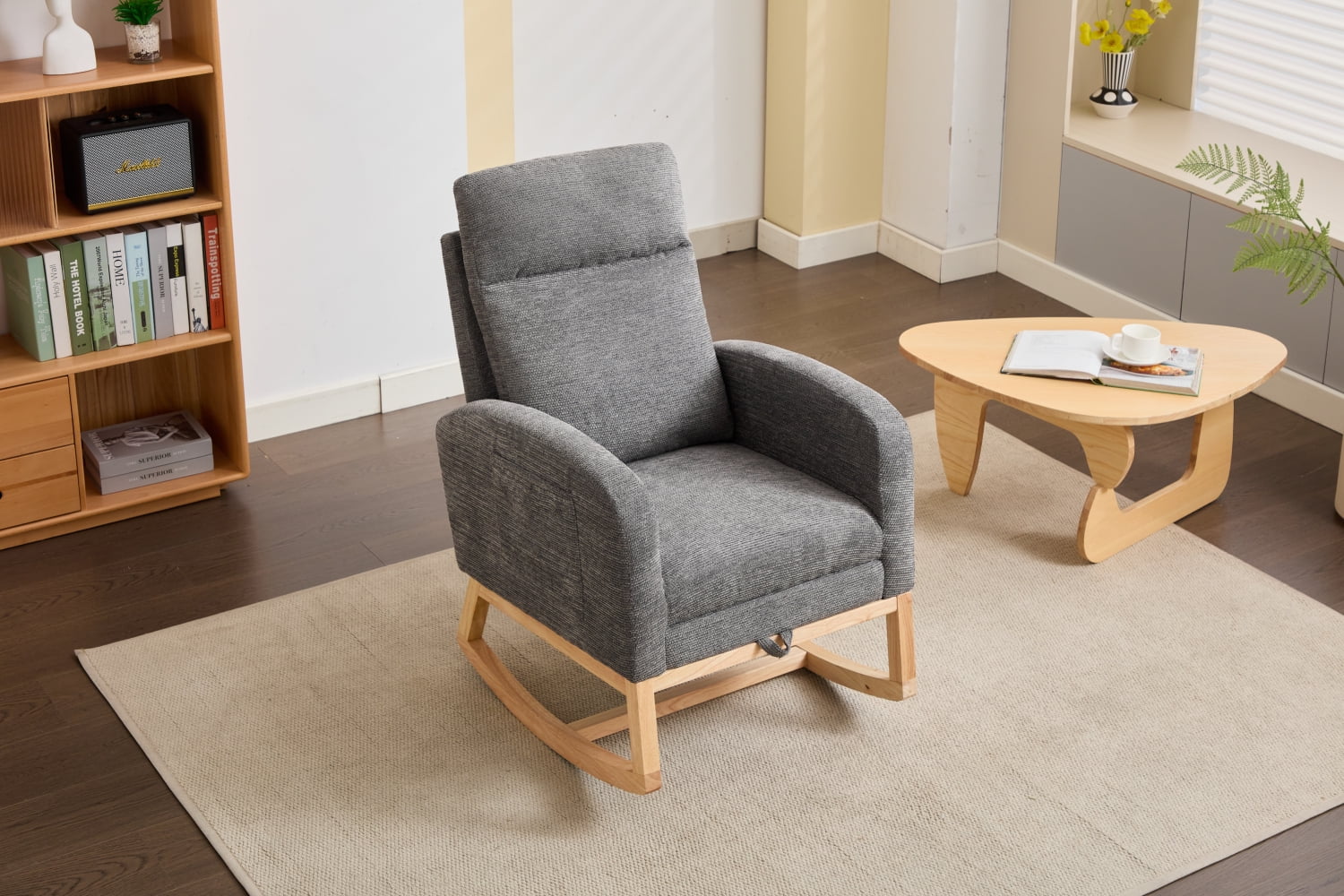 Lisonu Modern Nursery Glider Rocking Chair, Upholstered High-Back Rocker in Dark Gray Teddy Fabric, Comfy Lounge Armchair with Side Pocket & Solid Wood Legs