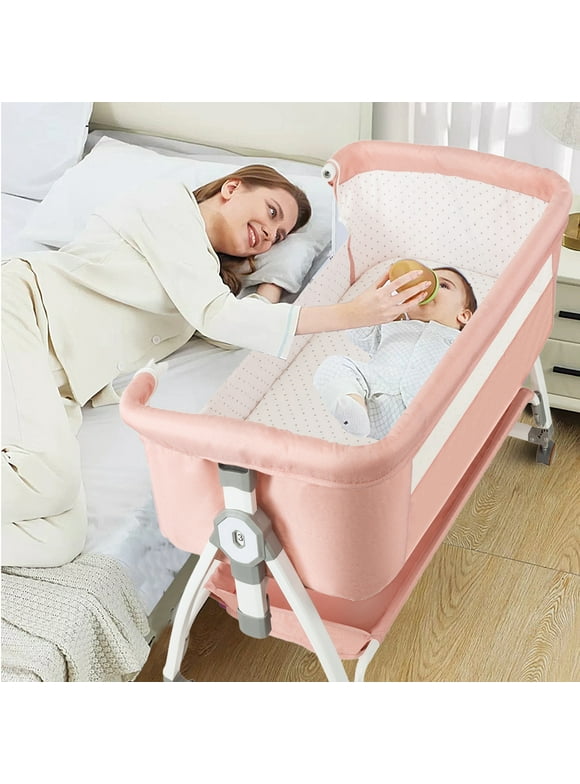 JOJOLAM Baby Bassinet, 5-in-1 Infant Bedside Crib with Changing Table and Locked Wheel, Adjustable Height, for 0-24 Months, Pink