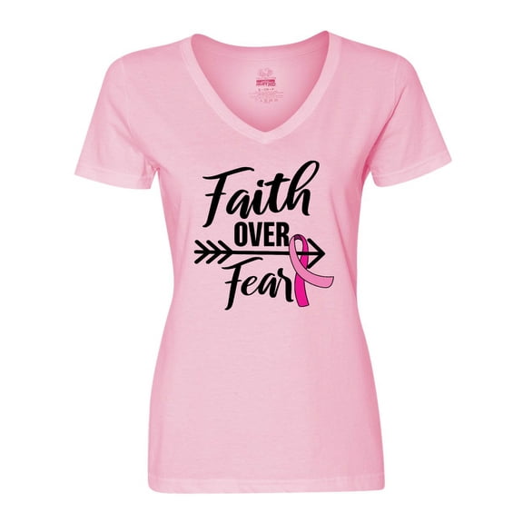 Inktastic Breast Cancer Awareness Faith over Fear with Pink Ribbon and Arrow Women's V-Neck T-Shirt