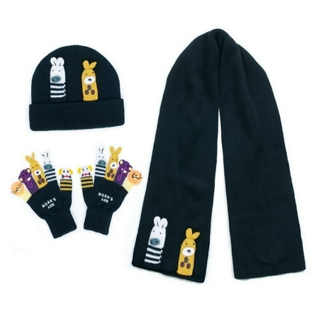 - Boys Black Noah's Ark Hat Scarf Gloves Handmade Winter Set