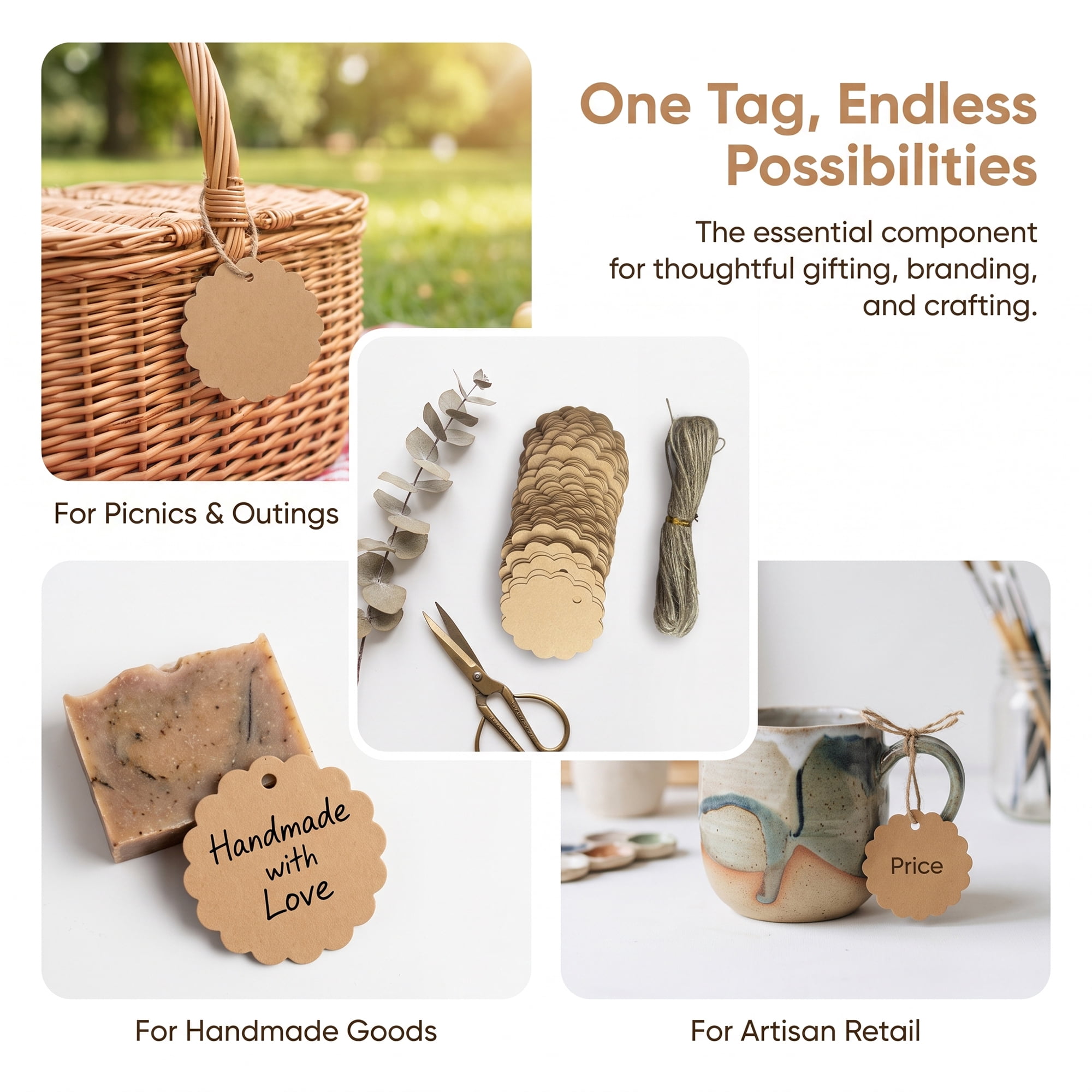 Unique Bargains Square Gift Tags with Natural Twine for and Wrapping 2.4" x 2.4" Brown