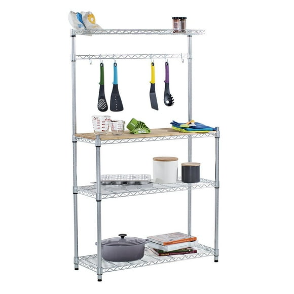 TRINITY EcoStorage Bakers Rack and Pantry Organizer with 3 Shelves, Removable Bamboo Work Surface, and Hooks for Kitchen Organization and Food Preparation, Chrome, 36†W x 14†D x 60†H