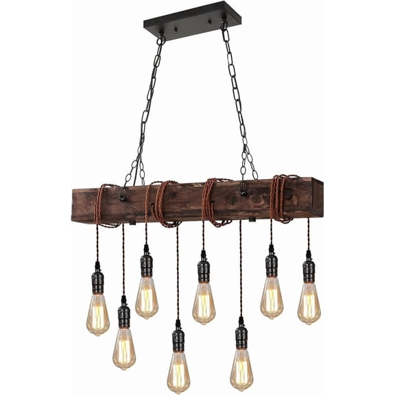 KEESFU 8-Light Rustic Industrial Farmhouse Chandelier, Rectangular Wood Beam Pendant Light with Adjustable Height for Kitchen Island Dining Room