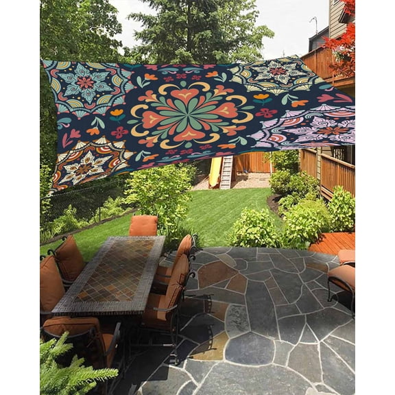 Vintage Flower Sun Sail Shades Rectangle Canopy,Sunlight Block Heavy Duty Curved Backyard Shade Cover,Boho Abstract Colorful Ethnic Floral Waterproof Sun Shades for Patios Garden Pergola 8'x10'