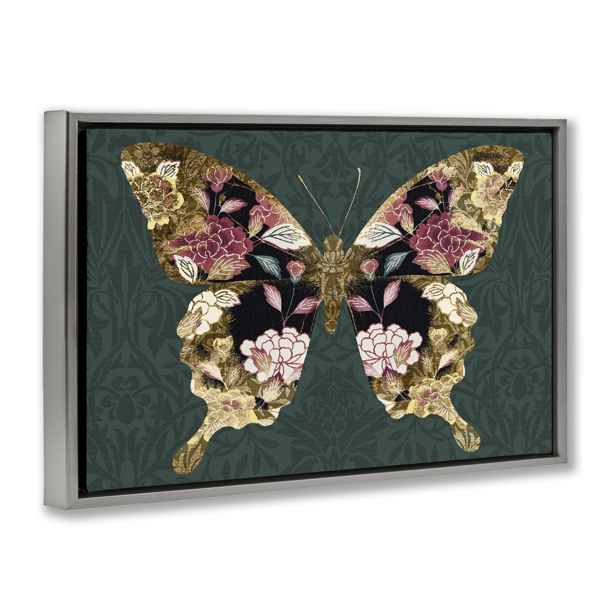 Stupell Industries Rococo Butterfly Pattern Animals Painting Gray Floater Framed Canvas Art Print Wall Art, 25 x 17