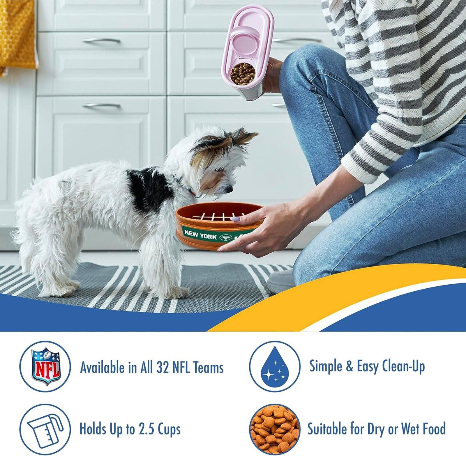 Pets First NFL New York Jets Super-Bowl Slow Feeder Bowl for Dogs and Cats, Football Design for Healthy Digestion, Non-Slip, for Large & Small Pet