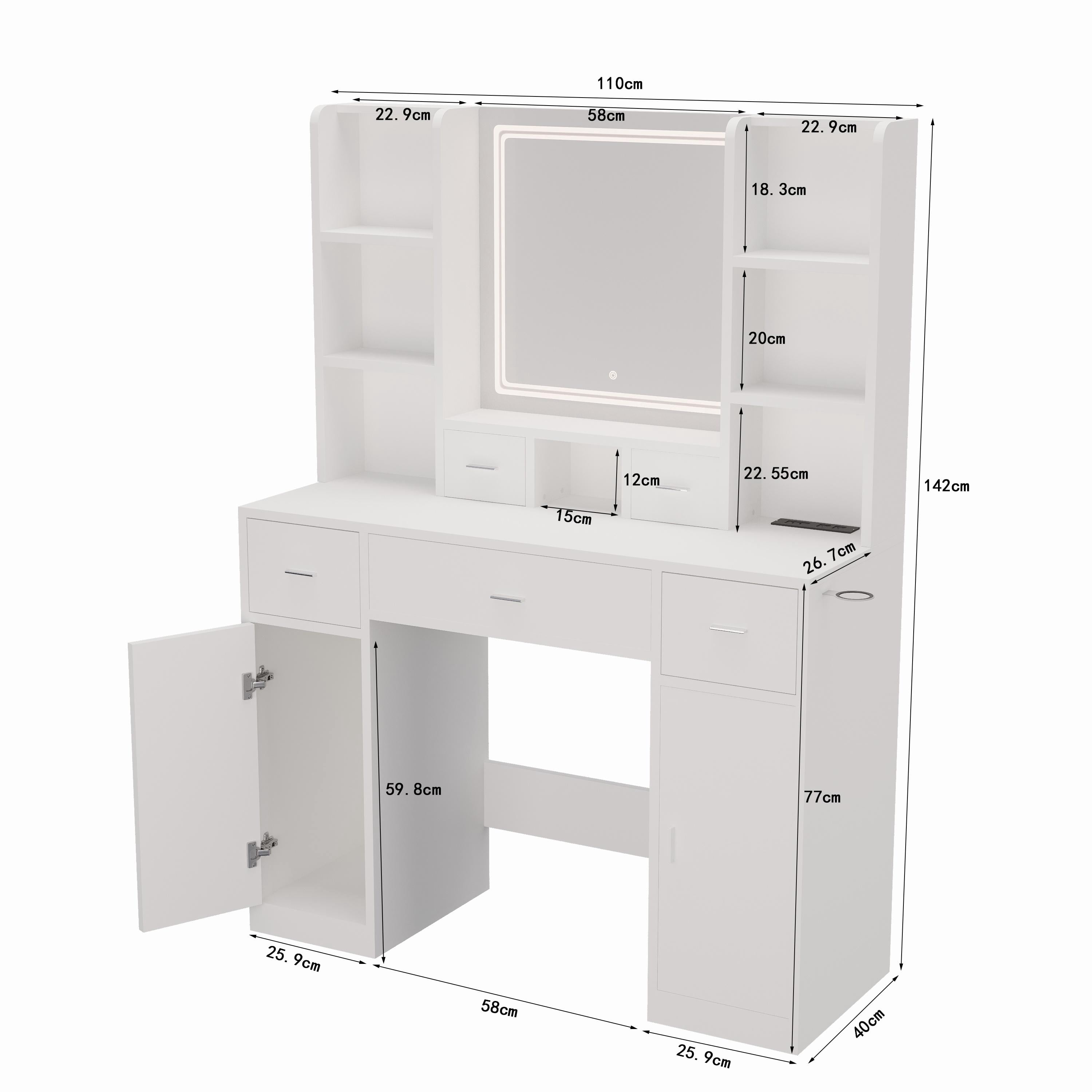PORKISS Dressing Table, Wood & Glass Makeup Vanity Table with Drawers and Storage Cabinet, Modern Vanity Desk with Smart Mirror and Dressing Pad, Makeup Vanity for Bedroom, Dressing Room, White