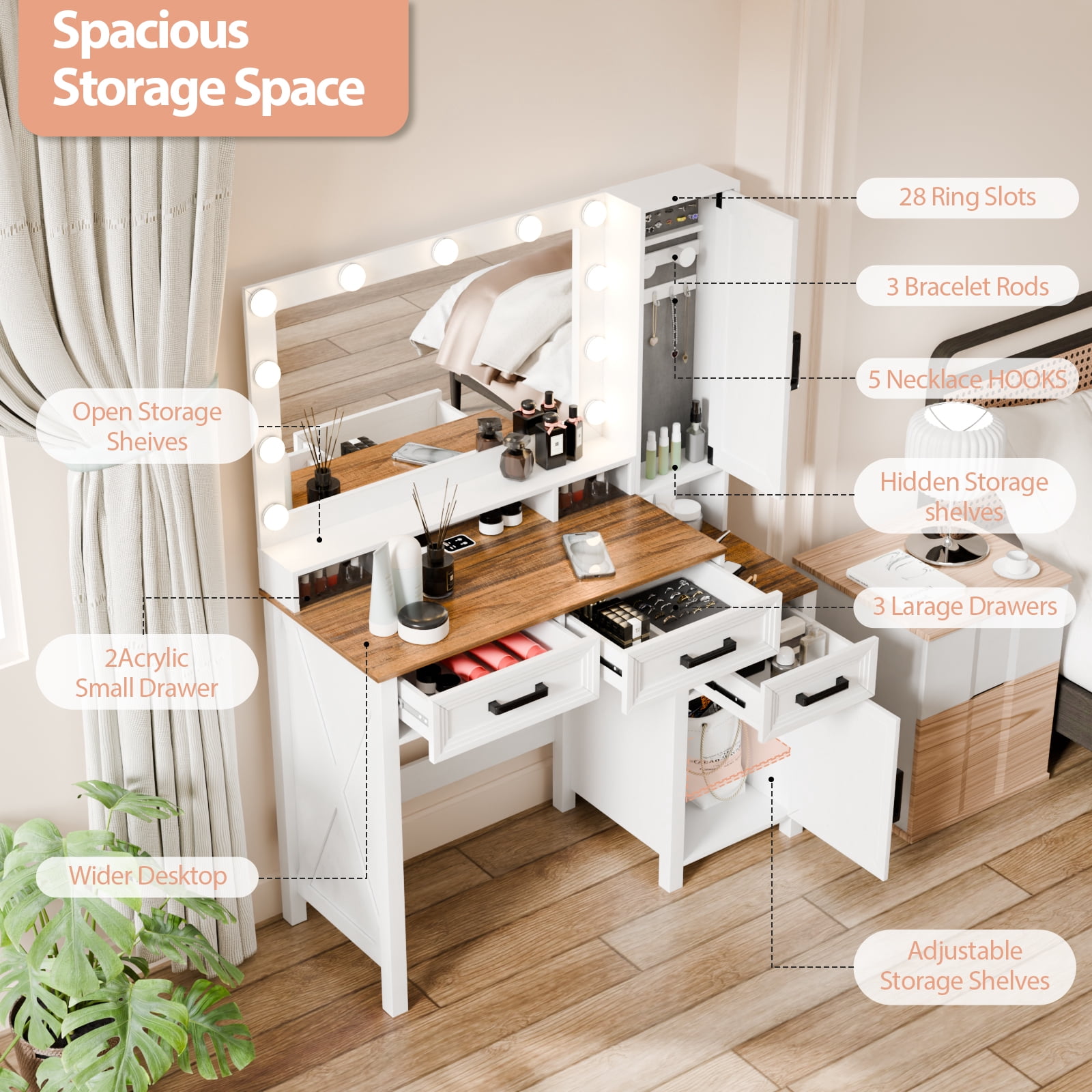 MAYEERTY 45.3" Vanity Desk with LED Lighted Mirror, Modern White Makeup Table with Charging Station & Jewelry Cabinet for Bedroom