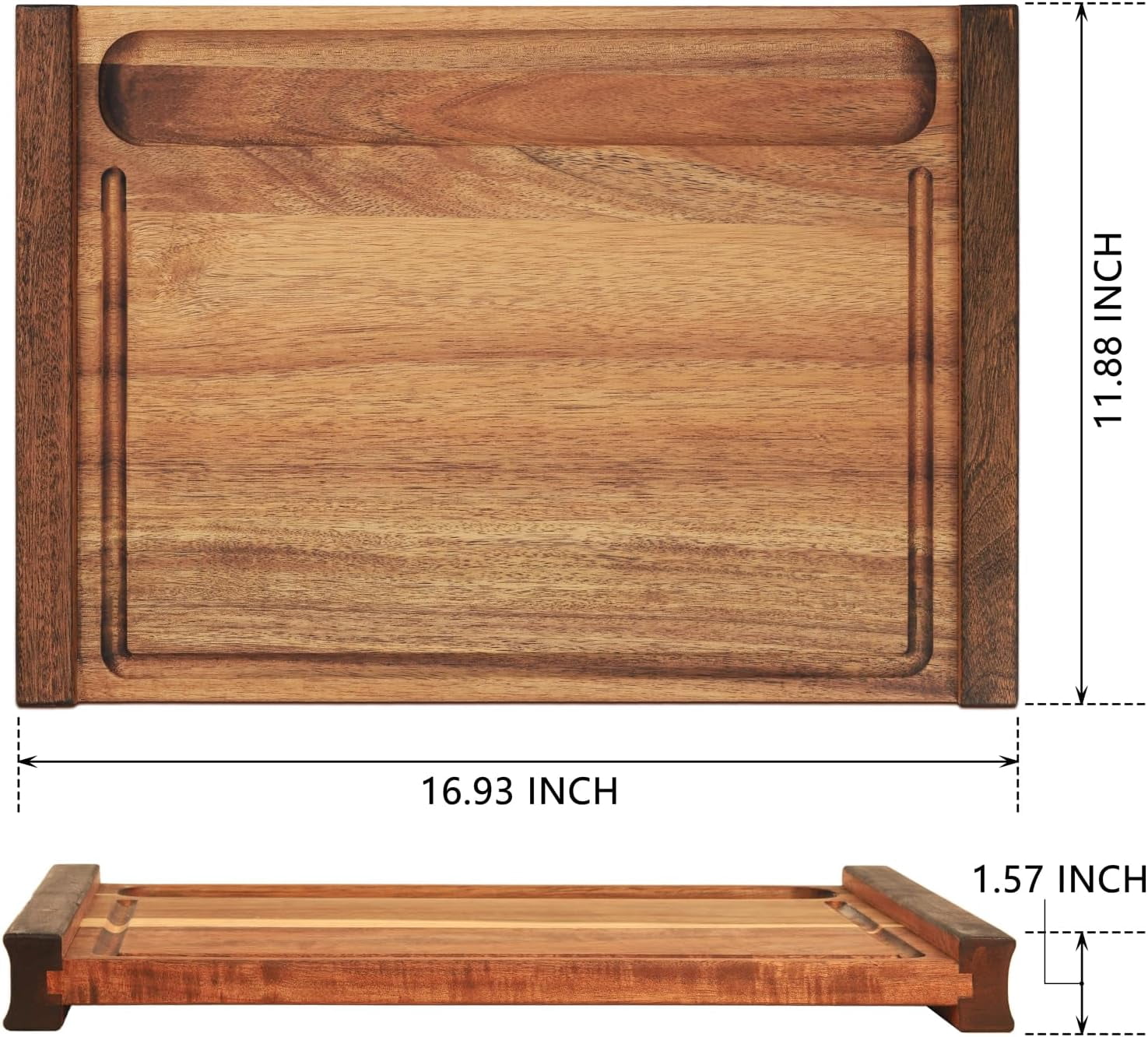 XILAZAB Acacia Wood Cutting & Charcuterie Board​ with Sapele Handles, Dual-Sided, Deep Recessed Well and Juice Grooves, 16.9 x 11.8 x 1.8 Inches, Kitchen Gift