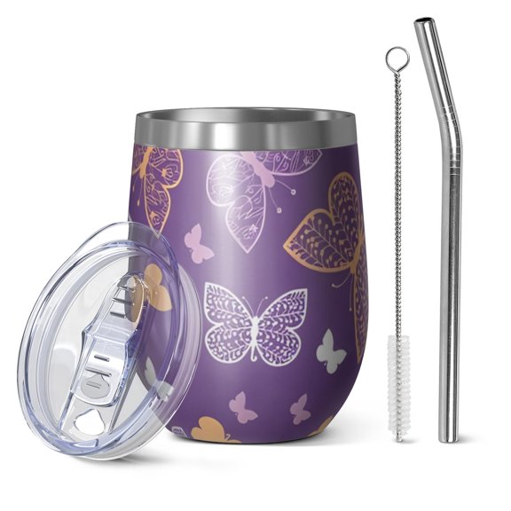 12oz Stemless Wine Tumblers Purple Orange White Butterfly Pattern Vacuum Insulated Stainless Steel Travel Tumbler Cups Mug with Lid and Straw for Champaign,Cocktail,Beer with Cleaning Brush