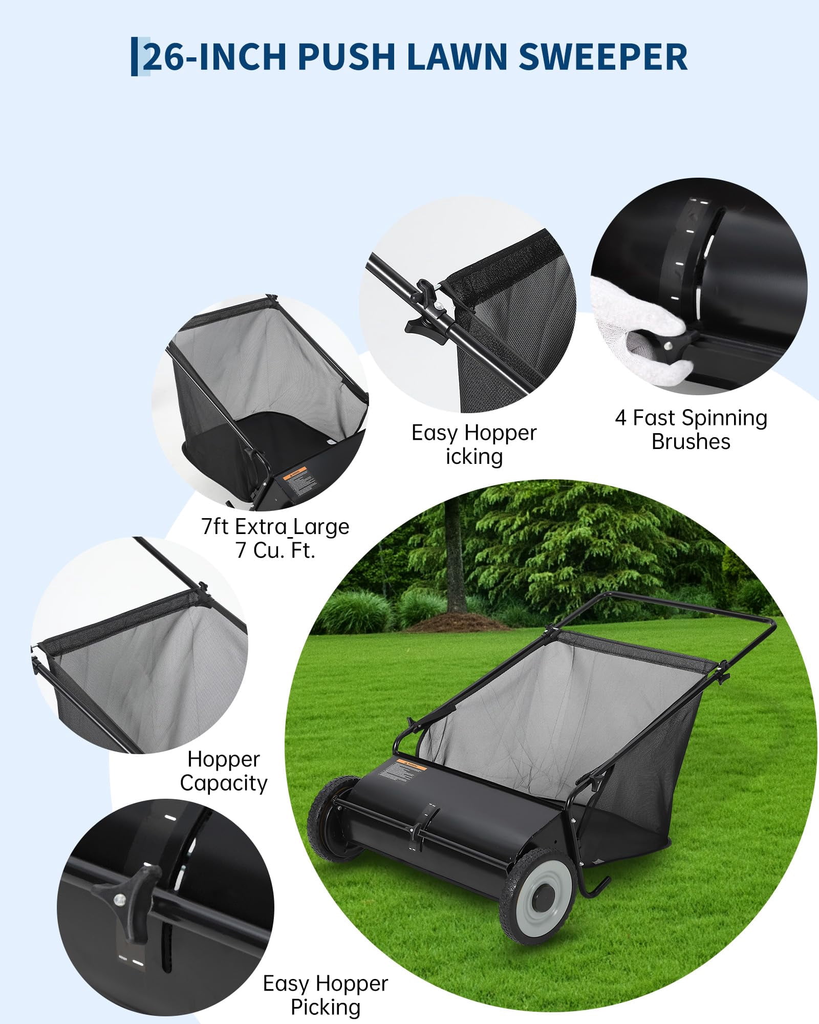 TEQIN Push Lawn Sweeper,21 In Leaf Sweeper With 7 Cu. Ft. Capacity,Adjustable Brush Height & Spinning Brushes, Heavy Duty Yard Sweeper Lawn Sweeper Push For Leaves Grass Cleanup