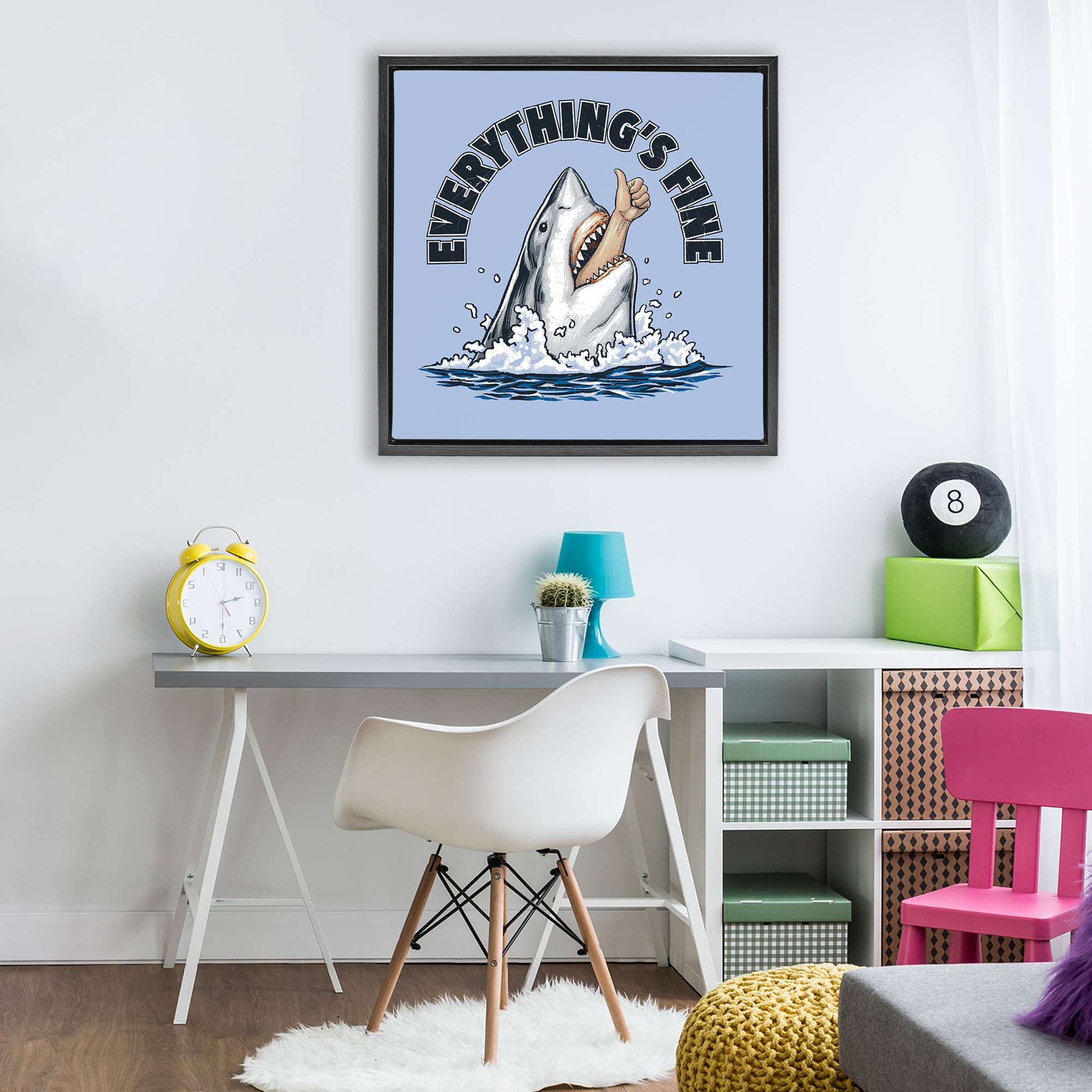 Everything's Fine Shark Bite Black Framed Floater Canvas Wall Art, design by Jedco Brands Inc.